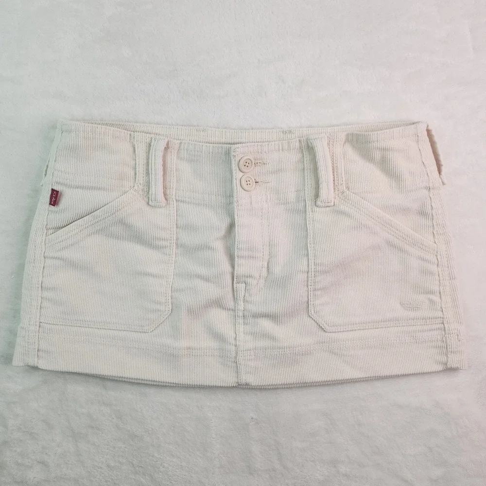 Vintage Y2K Hollister Cream Corduroy Micro Mini Skirt Size 0 W29 Ultra Low Rise